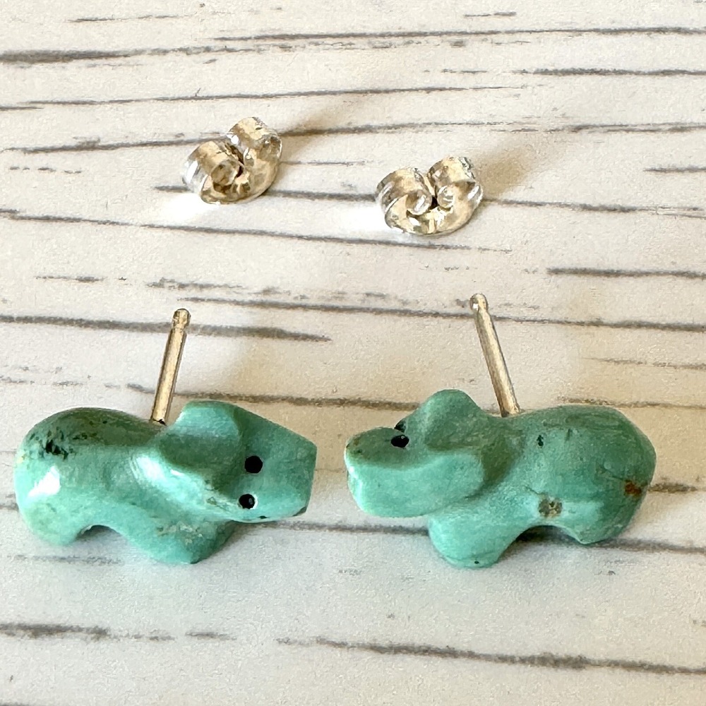 Zuni Bear Fetish Earrings Stud‎ 15mm Carved Turquoise Sterling Post Native Amer